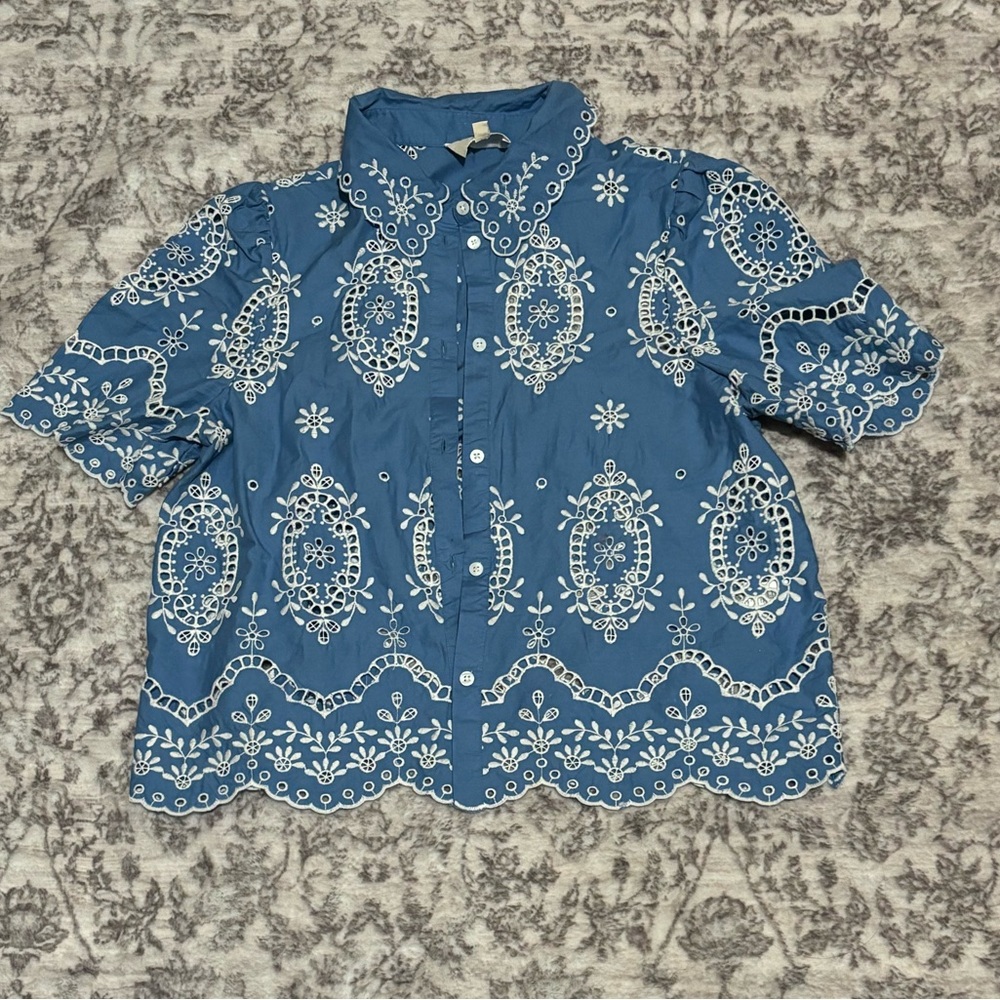 🌼Sezane ELVIRA BLOUSE in CREAM Blue CHAMBRAY Embroidered Button-Up Blouse - Picture 3 of 11